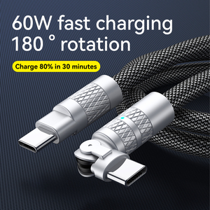 60W siêu nhanh sạc 180 độ xoay nylon Cáp dữ liệu hợp kim kẽm Loại-C Type-C điện thoại di động máy ảnh 5V - Product Image 3