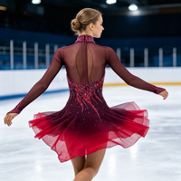 Robe de patinage artistique dégradé rouge bordeaux à manches longues en maille avec strass pour enfants et adultes, idéale pour les compétitions et spectacles sur glace