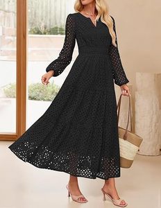 Robe de mode pour femmes européennes et américaines, en dentelle, longueur ras du sol, col en V, ajourée, plissée, manches courtes, unie, brodée, coupe <span class=keywords><strong>Empire</strong></span> - Product Image 1
