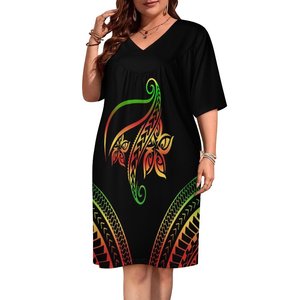 Vestido Hawaiano Elegante de Manga Corta y Largo hasta la Rodilla con Estampado de Hoja de Monstera 2023, Diseño Tribal Isleño Informal, <span class=keywords><strong>Mumu</strong></span> Samoano Personalizado - Product Image 5