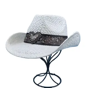 High Quality American western Paper Straw Cowboy Hat New Party White Shapable Brim Sombreros Texas Women Pink Cowgirl Straw Hat