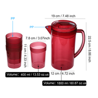 EVERSMILY Pichet en plastique 1,8 L pour thé glacé et jus avec 4 tasses, bouteilles à jus avec couvercles, pichet à eau, vaisselle