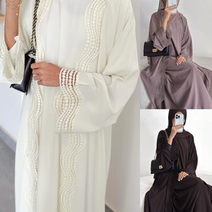 Ensemble Abaya élégant pour femmes musulmanes, grande taille, vêtements modestes, deux pièces, avec dentelle, cardigan <span class=keywords><strong>ouvert</strong></span> sur le devant et robe longue intérieure - Product Image 4