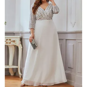 Custom Plus Size Women's Sequin Chiffon Long Sleeve Formal Prom White Cocktail Elegant Evening Party Lady Maxi Dresses