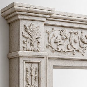 Chimenea tradicional de mármol con tallado ornamentado, de mármol travertino beige, para interiores, con estufa de leña para comedor. - Product Image 4