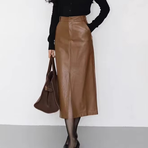 5308 New Popular French-style Elegant Elastic Skirt Front Slit Genuine Sheepskin Leather Maxi Skirts for Ladies