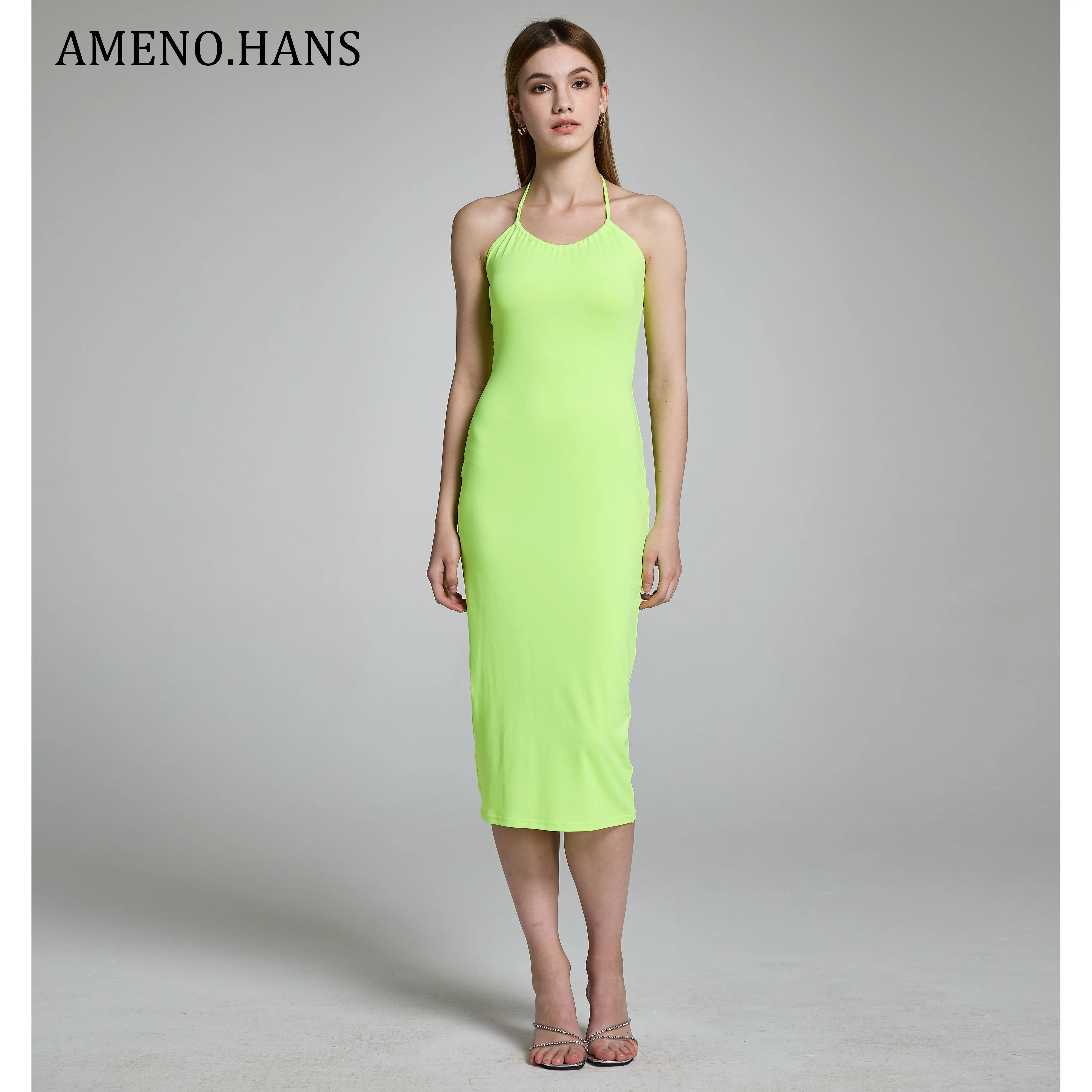 Hot Selling Wholesale Midi Knitted Halter Women Hign Waist Backless Fluorescent Green Sexy Straight Dresses