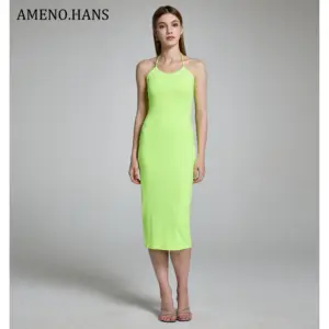 hot selling wholesale midi knitted halter women hign waist backless fluorescent green sexy straight dresses