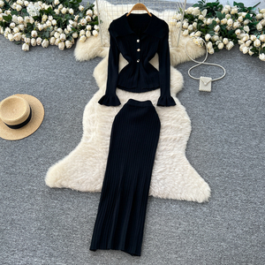 महिलाओं 2 टुकड़ा सूट लैपल लंबी आस्तीन पतली शीर्ष और उच्च कमर वाली पेंसिल स्कर्ट फ्रेंच शैली दो-टुकड़ा सेट - Product Image 1