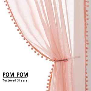 Lino Strutturato <span class=keywords><strong>Finestra</strong></span> <span class=keywords><strong>Tende</strong></span> Trasparenti con Pom Pom per la Camera Da Letto Soggiorno 54*96" - Product Image 1