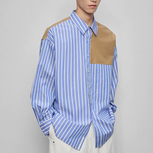 Custom Logo Men Asymmetric Stripe <b>Patchwork</b> Oversized <b>Shirt</b> Khaki Block Lapel Collar Long Sleeve Loose Fit Button Down <b>Shirts</b> - Product Image 4