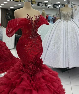 Robe <span class=keywords><strong>de</strong></span> soirée longue sirène rouge personnalisée avec volants, robe <span class=keywords><strong>de</strong></span> mariée <span class=keywords><strong>de</strong></span> luxe ornée <span class=keywords><strong>de</strong></span> perles, robe <span class=keywords><strong>de</strong></span> cocktail élégante sans bretelles - Product Image 3