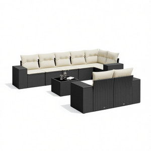 Ensemble de canapés de jardin noir et crème, meubles en rotin d'extérieur avec coussins en mousse haute densité, design contemporain imperméable - Product Image 1