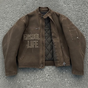 Giacca Bomber da Uomo in Cotone Spesso con Applicazioni Personalizzate, Lavaggio Acido, Chiusura Frontale con Zip, Stile Vintage per Lavoro e Outdoor Invernale - Product Image 1