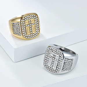 Men's <b>Titanium</b> Steel Cross <b>Ring</b> Full Diamond Micro Pave Geometric Shape Gift Jewelry Gold Silver Color K-R1000 - Product Image 1