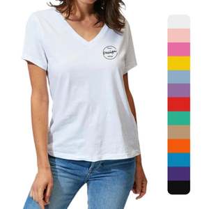Fabricantes logotipo personalizado Camiseta cuello en V alta calidad 100% algodón camiseta al por mayor Camiseta de manga corta para las mujeres - Product Image 1
