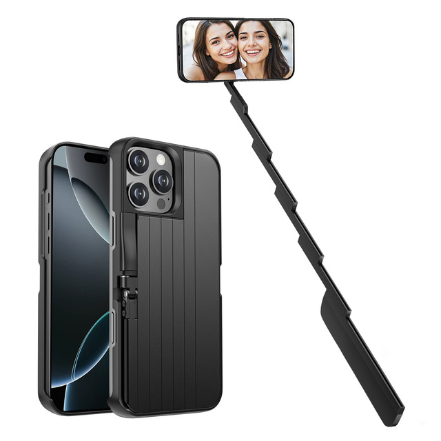 Selfie Stick Phone Case for iPhone 16 17 Pro Max Extendable Stand for Live Video Vlog Recording