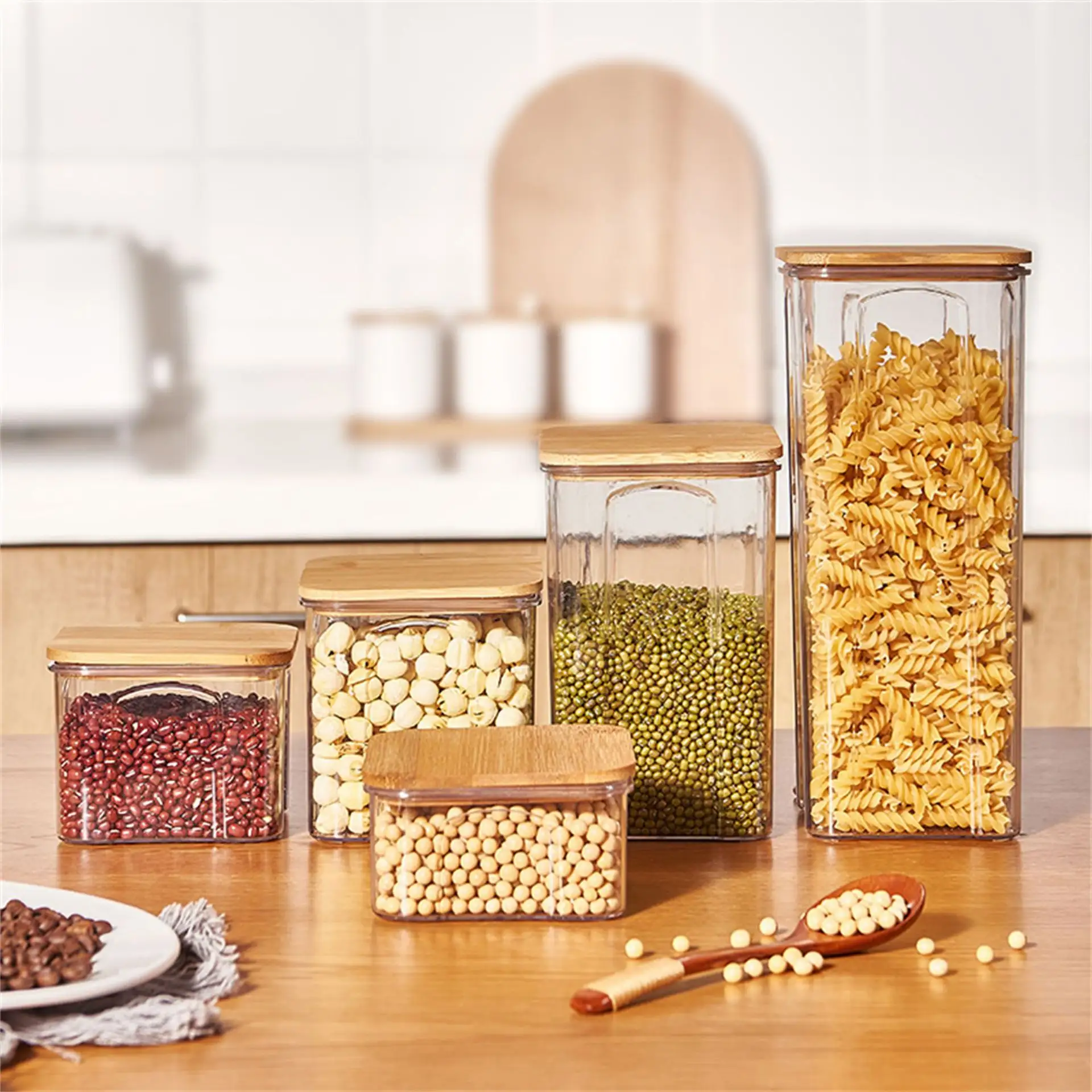 Transparent Acrylic Canister Large Containers Stackable Plastic Boxes Dry Cereal Food Airtight Storage with Bamboo Lid