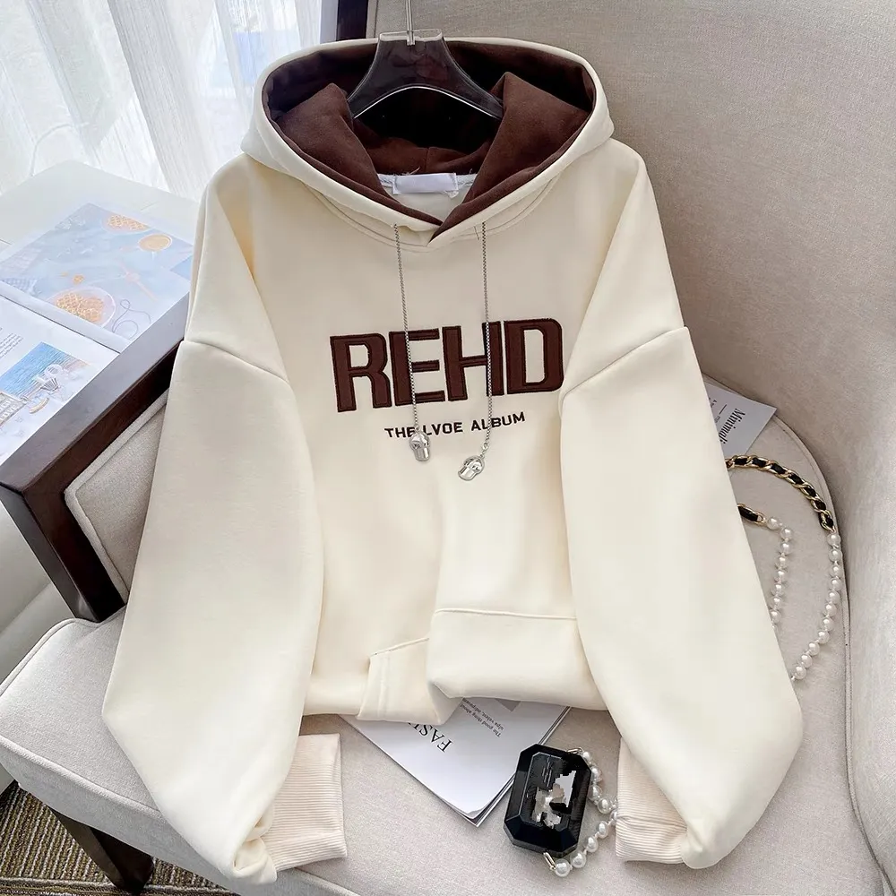 American vintage letter-printed double-layer hoodie for women with fleece thickened oversize sweatshirt top