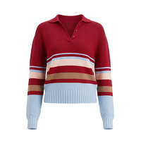 Pull en tricot côtelé 100 % coton personnalisé, style preppy décontracté, à manches longues, avec bordure rayée, vente en gros