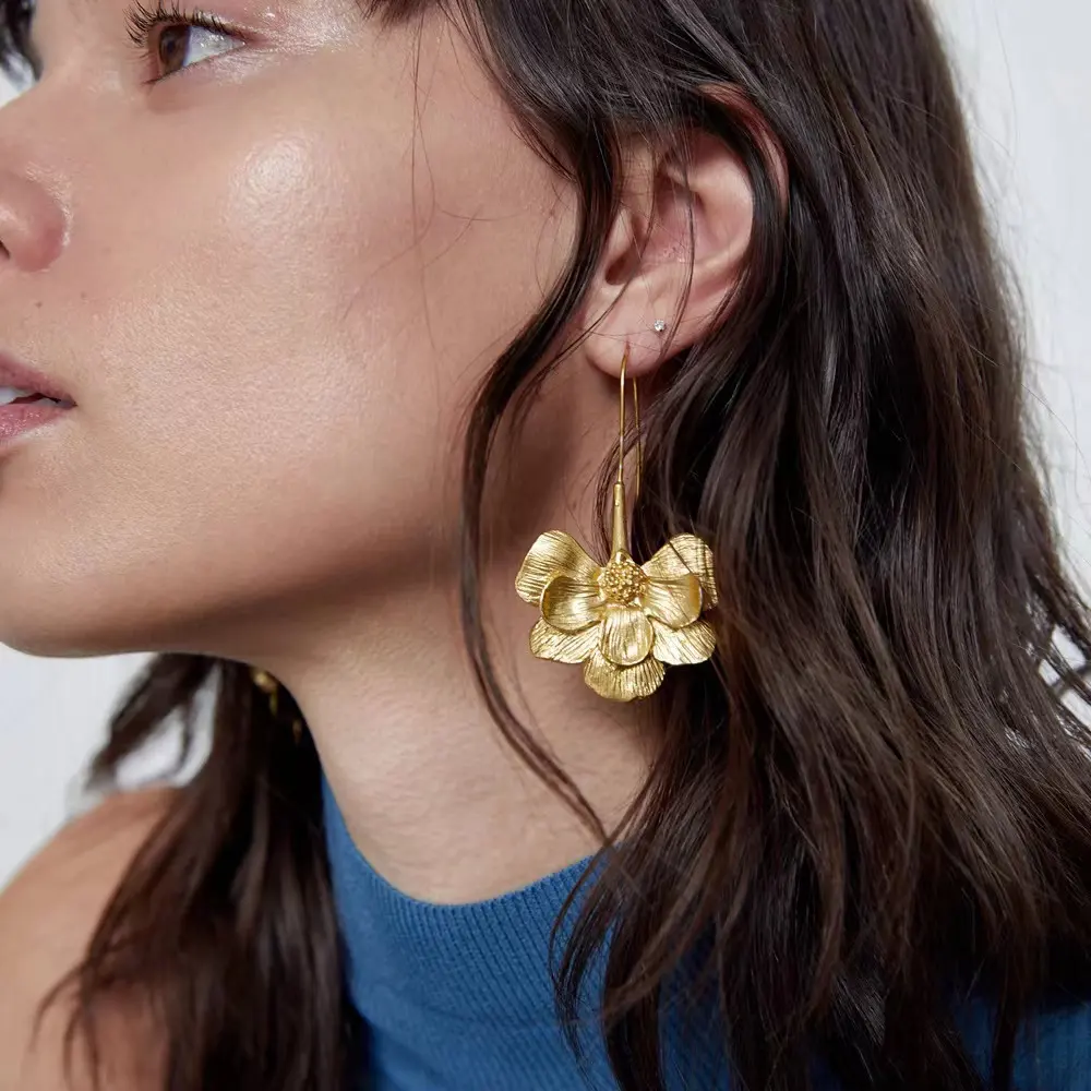 ZA same style New popular fashion jewelry women gold flowers long earrings simple elegant unique girls ear pin earrings