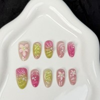 Set Perlengkapan Kuku Palsu Almond Reusable Press On Nail Art Grosir Y65 Factory, Warna Hijau Pink Bunga