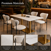 Ensemble de salle à manger élégant, chaise en bouclette et table en pierre avec base dorée pour restaurant, café, salon et hôtel.