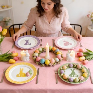 Assiette en céramique personnalisée, motif lapin de Pâques, couleur pastel printanier, pour desserts, salades, brunch et fêtes de printemps, vaisselle de cuisine pour la maison - Product Image 4