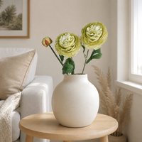 Bouquet de fleurs artificielles de mariage en ranunculus blanc à 3 têtes, avec feuilles floquées, pour la décoration de la maison, du vase ou comme centre de table