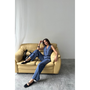 Ensemble Tencel Femme : Haut Court Sans Manches et Pantalon Indigo Taille XS/XL – Style Club Estival, Longueur Courte, Logo - Product Image 5