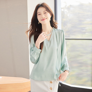 French Style V-neck Ribbon Draped Blouse Women Spring Summer Satin Solid Color Commuting Shirt Q9948 - Product Image 3
