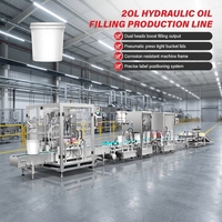Ligne de production de remplissage d'huile hydraulique entièrement automatique pour seaux de 20L, avec 2 pompes de remplissage, presse de bouchons et machine d'étiquetage double face