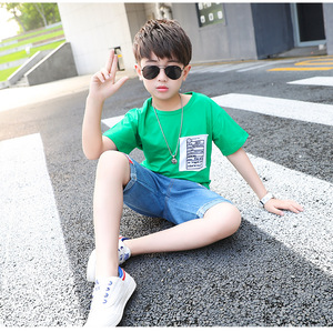 Ebay Express Francia Ropa de Bebé China Conjuntos de Pantalones Cortos 3/4 de Mezclilla de Verano y Camiseta con Estampado Verde para Niños - Product Image 2