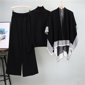 Ensemble de chandail tricoté pour femme avec châle et pantalon large, tenue trois pièces, mode printemps automne, vêtements décontractés - Product Image 2