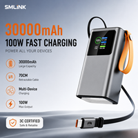 Batterie externe 30000mAh 100W à charge rapide, chargeur portable haute capacité avec câble rétractable pour ordinateur portable, smartphone, montre connectée OEM