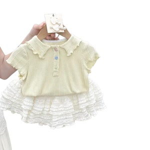 Vêtements d'été pour filles, ensemble de mode deux pièces, t-shirt à col polo, jupe à volants superposés, tenue décontractée - Product Image 5