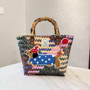 Vintage rayé Weenie chien tissé sac femmes sac <span class=keywords><strong>à</strong></span> main fourre-tout en Nylon corde pendentif fermeture ouverte PVC doublure broderie sac de plage - Product Image 5