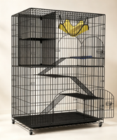 Cage à chat DIY en fer noir thermolaqué avec roulettes, étagère de rangement intégrée, hamac suspendu et lit en peluche – Durable, capacité de 25 lb