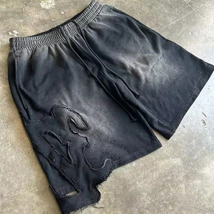 Custom Vintage Sun Faded Street Style Rhinestone Pegatina Bordado Algodón Sweat Shorts - Product Image 3