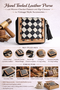 Portefeuilles longs en cuir faits à la main avec motif à carreaux tissé, fermeture éclair, portables et unisexes pour accessoires de style vintage - Product Image 6