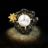 Bijoux exquis KYRA01141, anneaux géométriques en laiton plaqué noir, incrustés de perles pour femmes