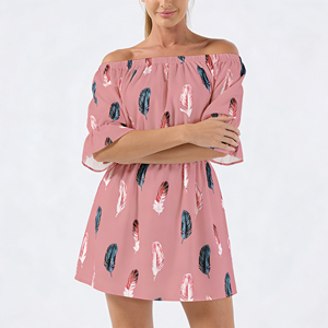 Oferta en Temu: Vestido de Mujer con Estampado de Plumas, Hombros Descubiertos, Manga Media, Cintura Elástica, Mini Vestido Casual para Fiesta, Vacaciones, Playa - Product Image 1