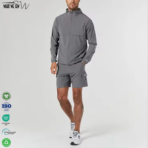 Completo Sportivo da <span class=keywords><strong>Uomo</strong></span> Personalizzato in Due Pezzi, Giacca Antivento Traspirante in Nylon con Cappuccio e <span class=keywords><strong>Pantaloncini</strong></span>, per Corsa e Fitness - Product Image 1