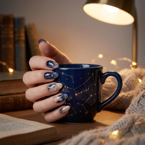 Kit de 24 <span class=keywords><strong>Uñas</strong></span> Postizas Ecológicas de ABS Translúcido <span class=keywords><strong>Azul</strong></span> con Diseño Inspirado en la Nebulosa, con Purpurina Dorada y Estrellas, para Dedos - Product Image 1