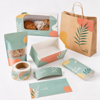 Kit d'emballage alimentaire personnalisé avec boîte à pâtisserie, sac en papier, pochette autoportante, manchon pour gobelet, autocollants et carte de menu