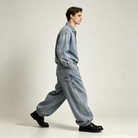 Jean Jogger Homme Bleu Délavé en Denim avec Revers Élastiques, Poches Cargo et Surpiqûres Contrastantes – Vente en Gros Personnalisée OEM