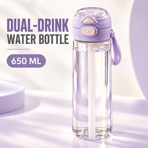 Bouteille d'eau double compartiment en PC transparent de 650 ml avec couvercle anti-poussière rabattable et boucle de transport pour usage quotidien - Product Image 1