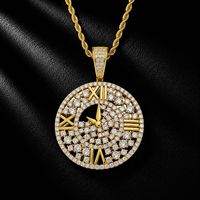 Pendentif Horloge Chiffres Romains en Alliage, Plaqué Argent, Strass Sertis, Collier Rond, Bijoux Hip Hop Prêts à Porter