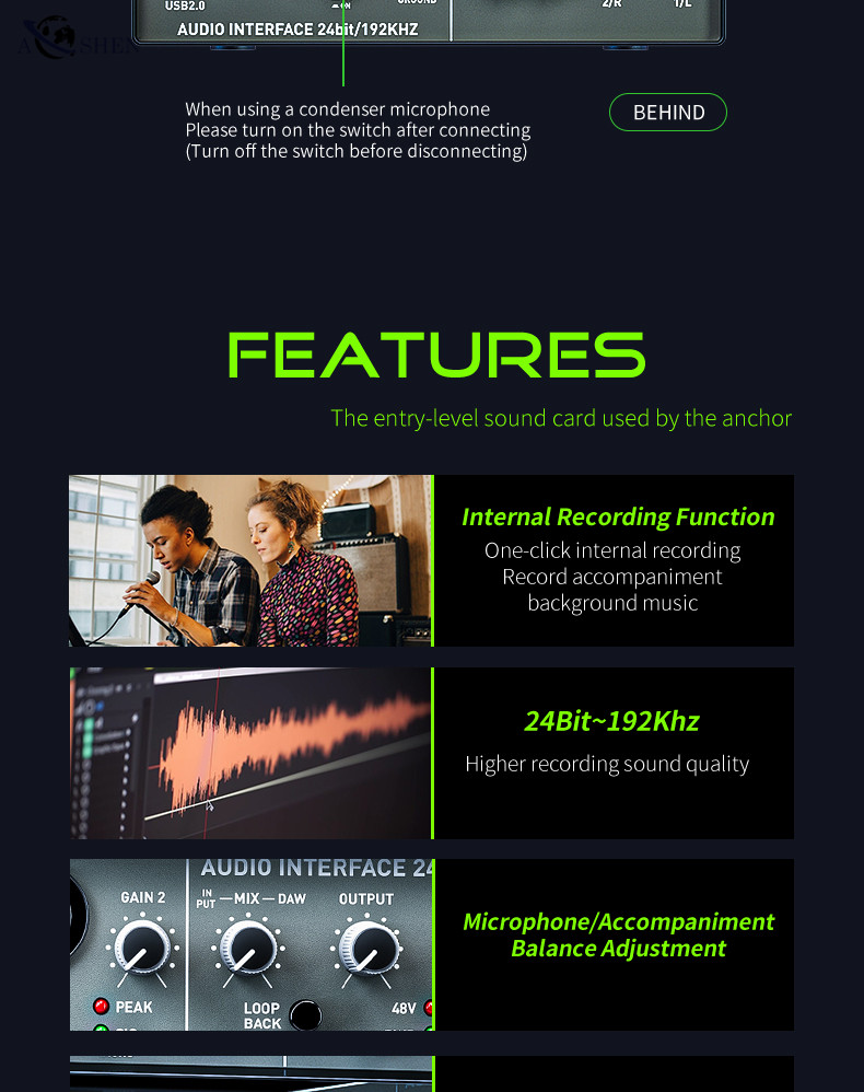 Professional Q24 USB Audio Interface Sound Card Mixing Computer Recording Box for Livestream Broadcast Musical Performance