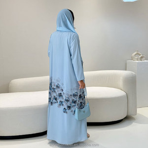Vestido Abaya Abierto Personalizado 2026 con Estampado Floral Azul Cielo para Mujer, Conjunto <span class=keywords><strong>de</strong></span> Chifón con Hiyab, Atuendo Musulmán Modesto, Vestido Abaya para Mujer - Product Image 3
